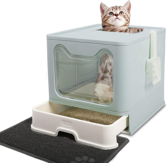Extra Large Enclosed Cat Litter Box with Lid, Litter Mat, and Scoop - Foldable and Easy to Clean (Blue)