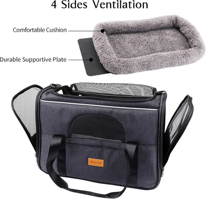 Portable Cat and Small Dog Carrier Bag, Airline Approved Soft-Sided Transport Carrier with Shoulder Strap, Removable Mat, and Pet Bowl