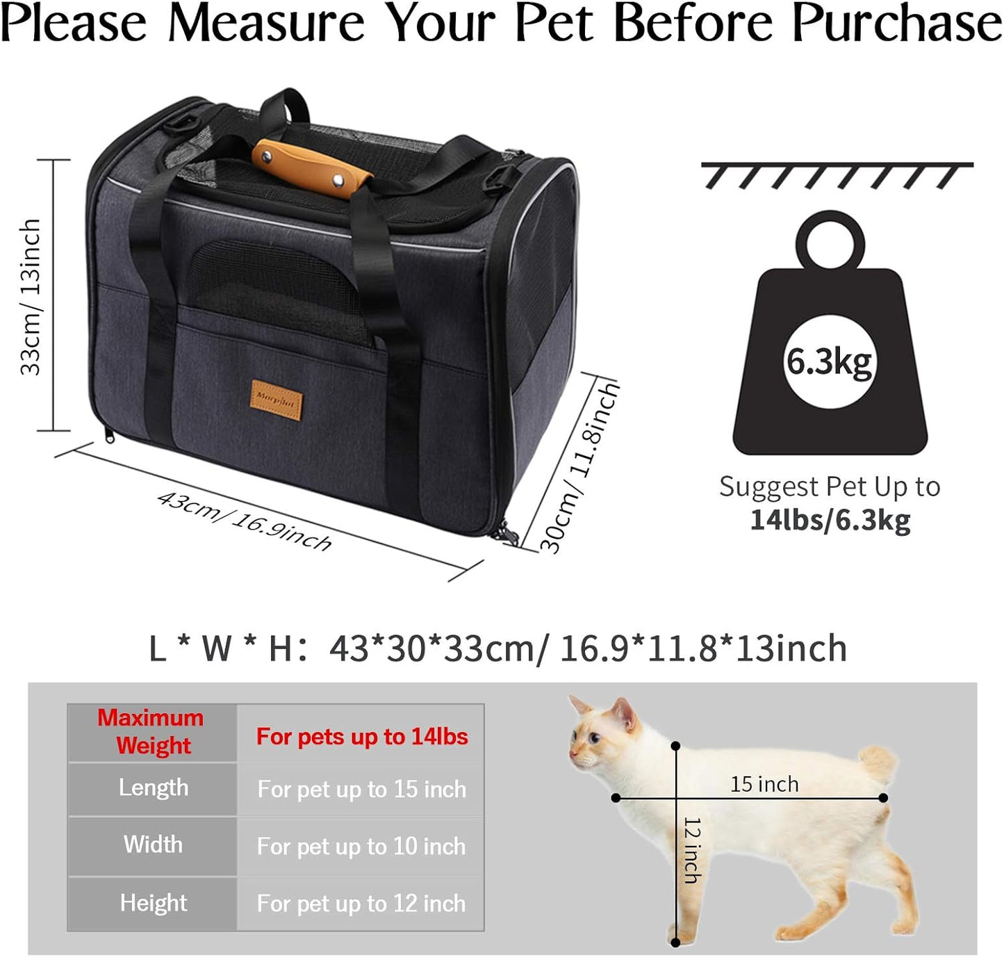 Portable Cat and Small Dog Carrier Bag, Airline Approved Soft-Sided Transport Carrier with Shoulder Strap, Removable Mat, and Pet Bowl