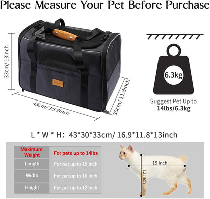 Portable Cat and Small Dog Carrier Bag, Airline Approved Soft-Sided Transport Carrier with Shoulder Strap, Removable Mat, and Pet Bowl