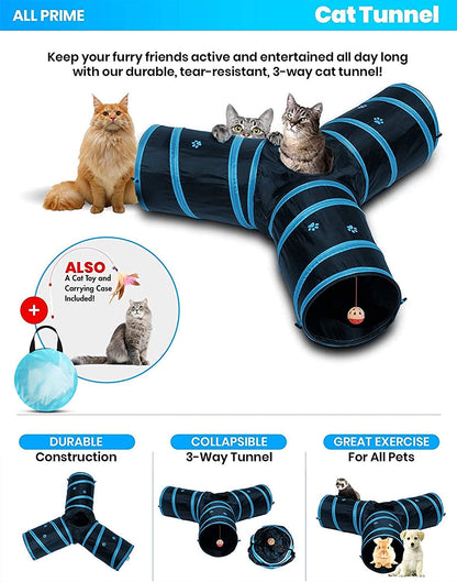 Cat Tunnel with Interactive Toy - Collapsible 3-Way Pet Tunnel for Indoor Cats - Ideal for Playtime (Blue)