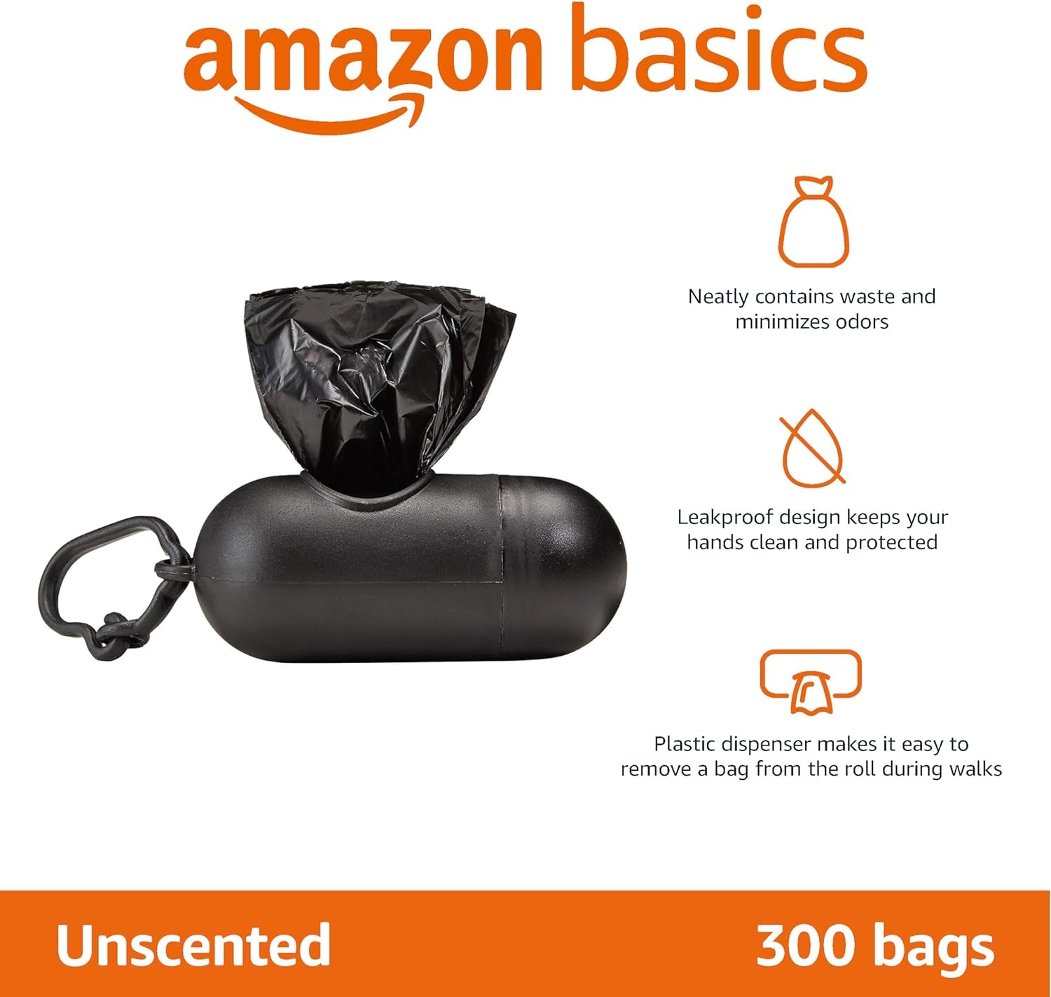 Unscented Standard Dog Poop Bags with Dispenser and Leash Clip, 33.02 X 22.86 CM, Black - 20 Rolls (300 Bags)