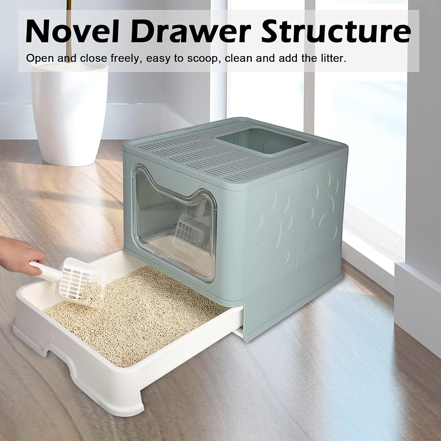 Extra Large Enclosed Cat Litter Box with Lid, Litter Mat, and Scoop - Foldable and Easy to Clean (Blue)