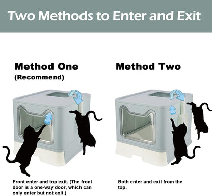 Extra Large Enclosed Cat Litter Box with Lid, Litter Mat, and Scoop - Foldable and Easy to Clean (Blue)