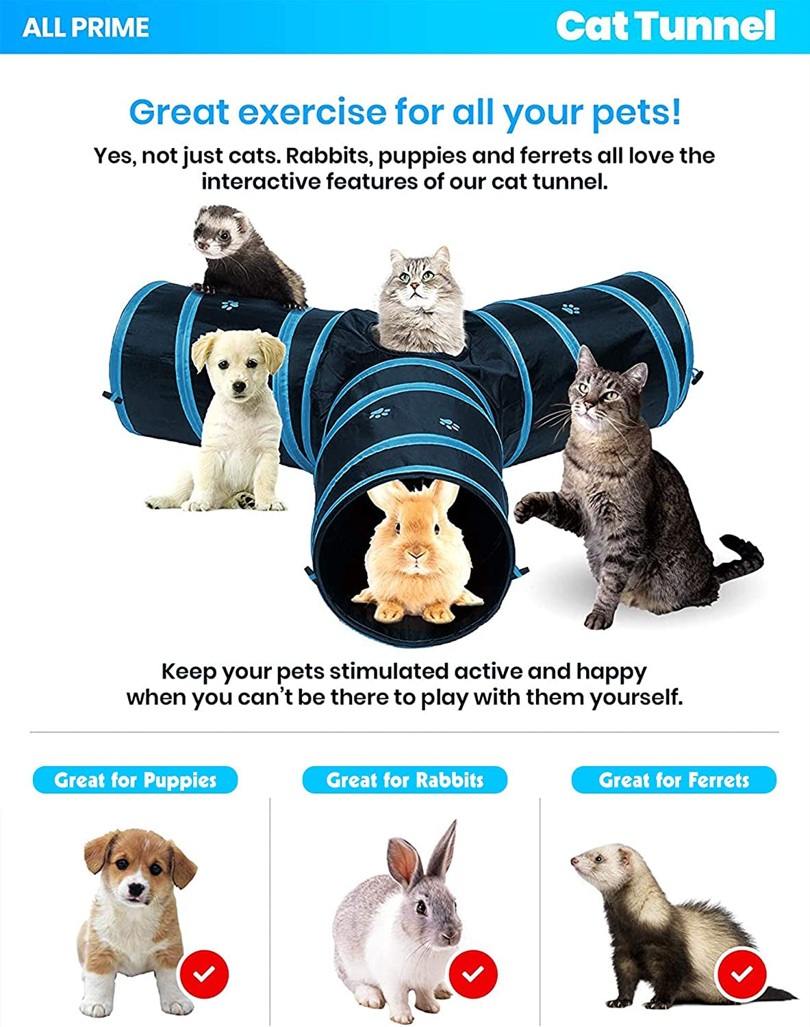 Cat Tunnel with Interactive Toy - Collapsible 3-Way Pet Tunnel for Indoor Cats - Ideal for Playtime (Blue)