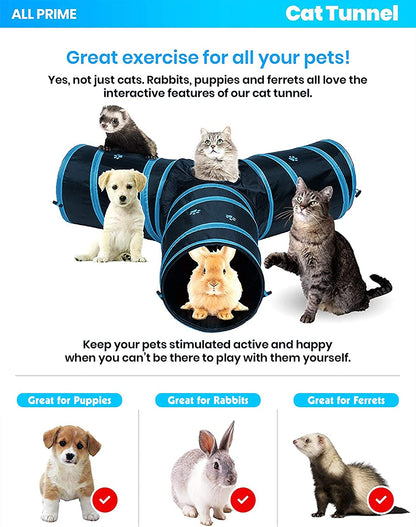 Cat Tunnel with Interactive Toy - Collapsible 3-Way Pet Tunnel for Indoor Cats - Ideal for Playtime (Blue)