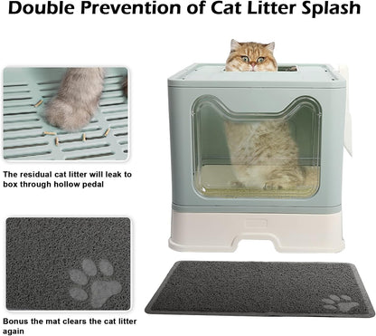 Extra Large Enclosed Cat Litter Box with Lid, Litter Mat, and Scoop - Foldable and Easy to Clean (Blue)