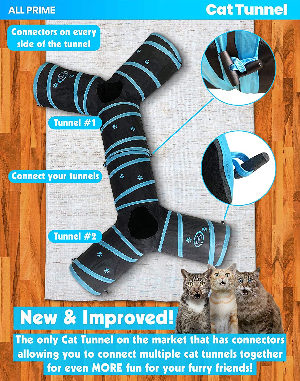 Cat Tunnel with Interactive Toy - Collapsible 3-Way Pet Tunnel for Indoor Cats - Ideal for Playtime (Blue)