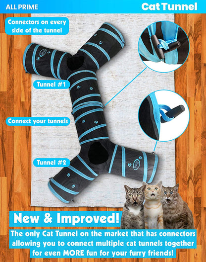 Cat Tunnel with Interactive Toy - Collapsible 3-Way Pet Tunnel for Indoor Cats - Ideal for Playtime (Blue)