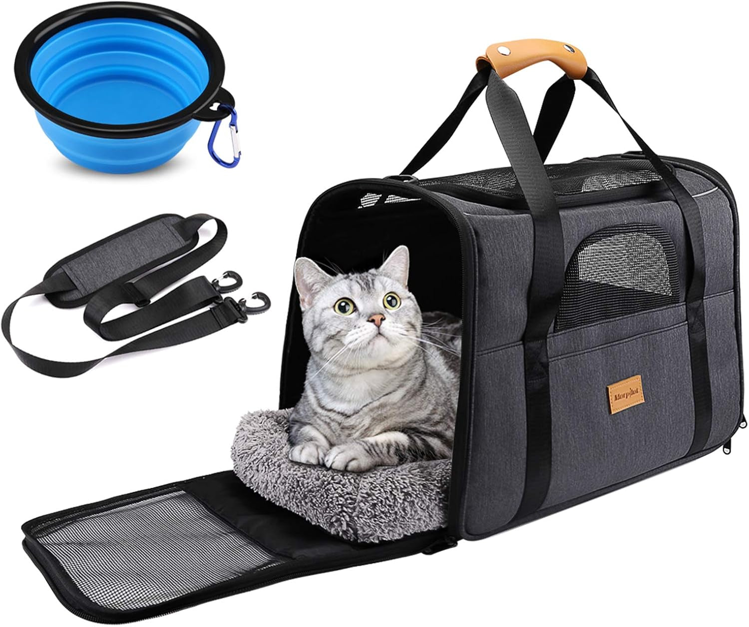 Portable Cat and Small Dog Carrier Bag, Airline Approved Soft-Sided Transport Carrier with Shoulder Strap, Removable Mat, and Pet Bowl