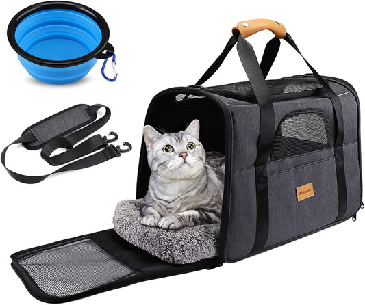 Portable Cat and Small Dog Carrier Bag, Airline Approved Soft-Sided Transport Carrier with Shoulder Strap, Removable Mat, and Pet Bowl