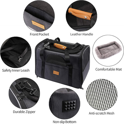 Portable Cat and Small Dog Carrier Bag, Airline Approved Soft-Sided Transport Carrier with Shoulder Strap, Removable Mat, and Pet Bowl