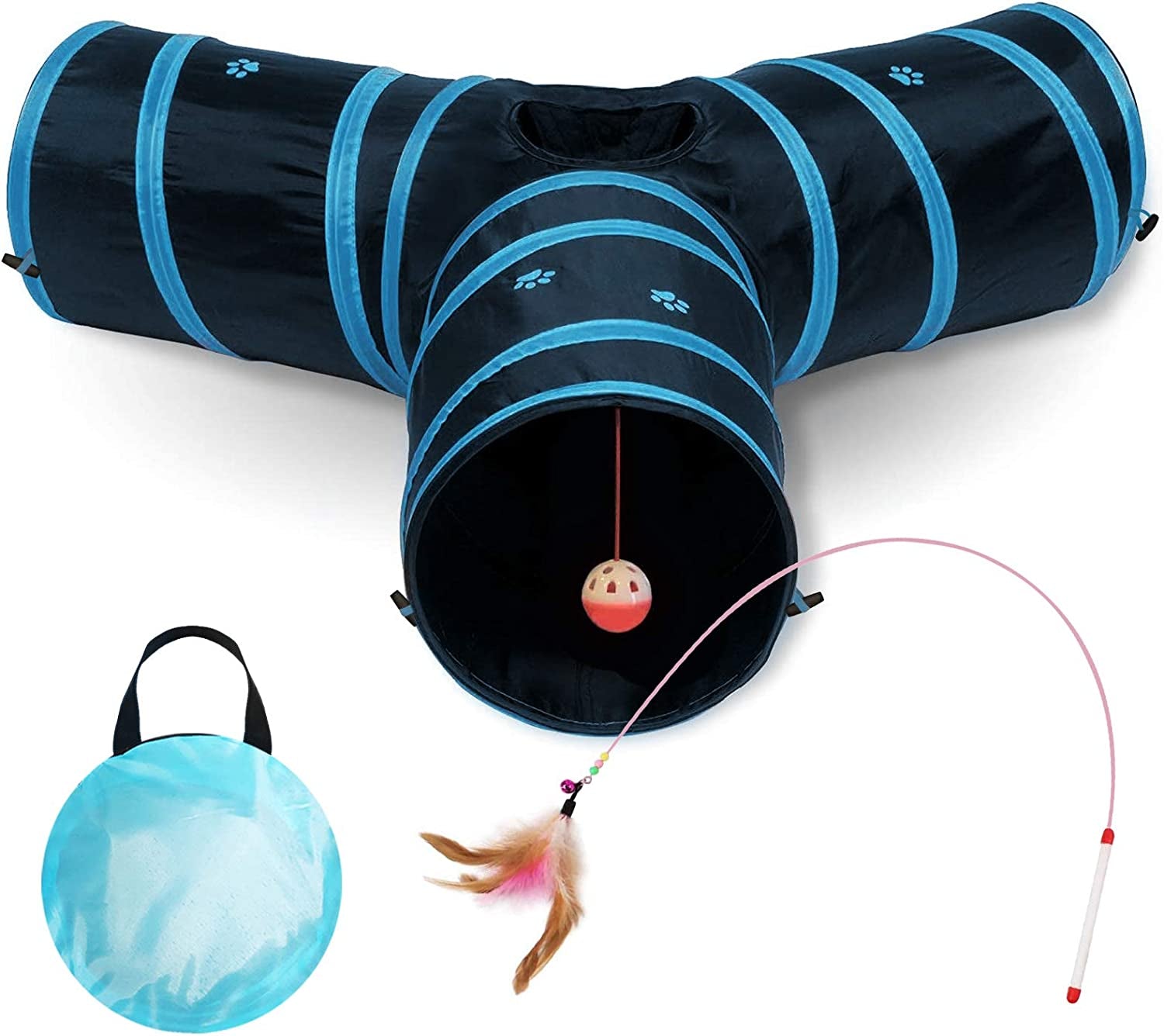 Cat Tunnel with Interactive Toy - Collapsible 3-Way Pet Tunnel for Indoor Cats - Ideal for Playtime (Blue)