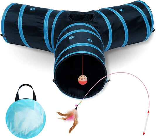Cat Tunnel with Interactive Toy - Collapsible 3-Way Pet Tunnel for Indoor Cats - Ideal for Playtime (Blue)